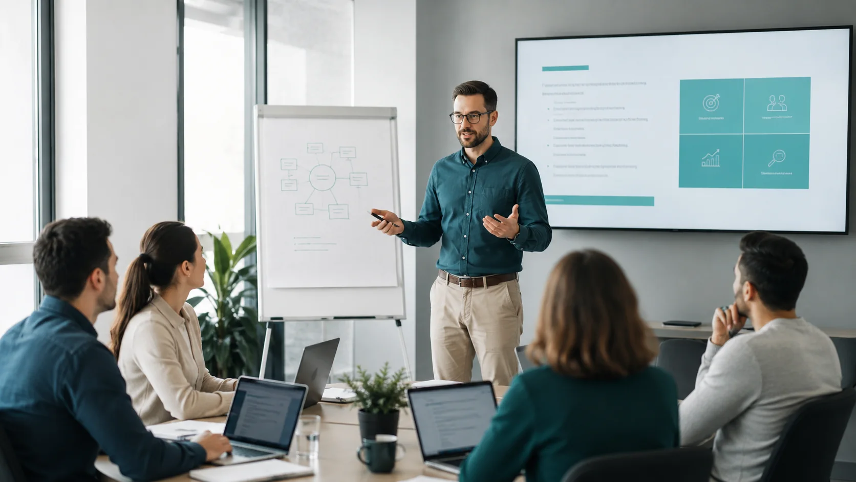 Trainer führt eine individuell organisierte Inhouse-Weiterbildung für Mitarbeiter in einem Besprechungsraum durch
