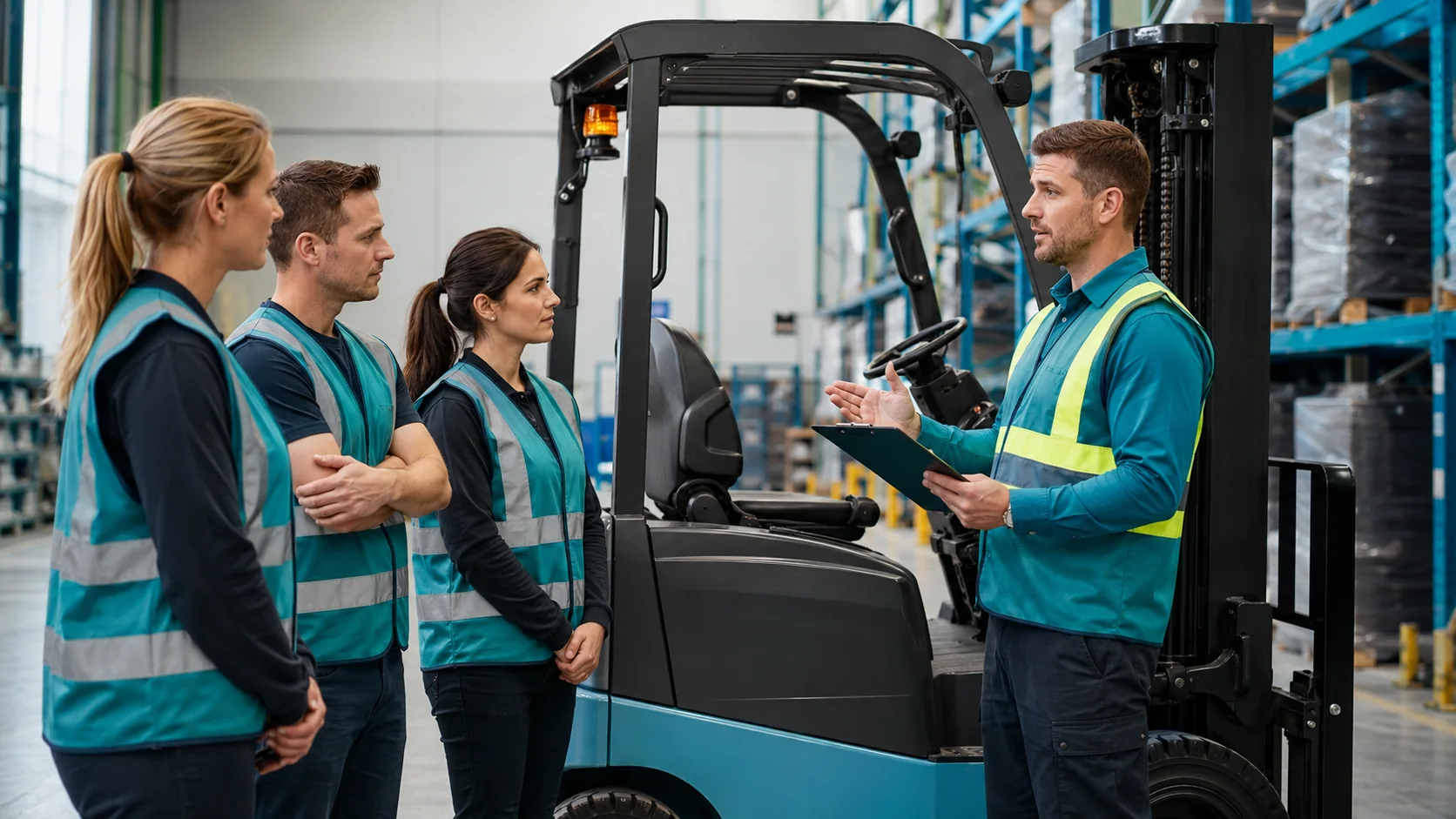 Praxisnahe Staplerausbildung mit Trainer und Mitarbeitern direkt im Lager eines Unternehmens
